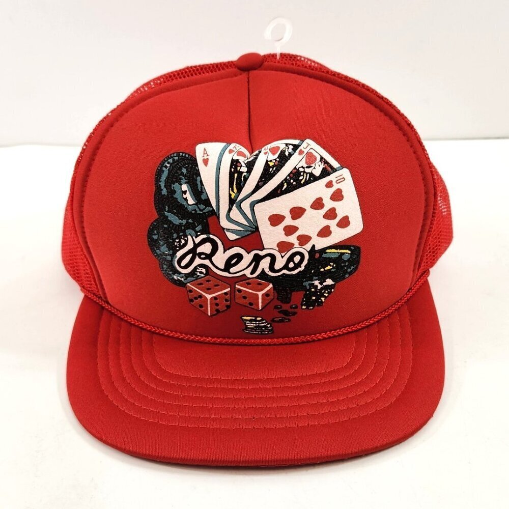 Reno Royal Flush Red Snapback Hat One Size Mesh Back Trucker Hat